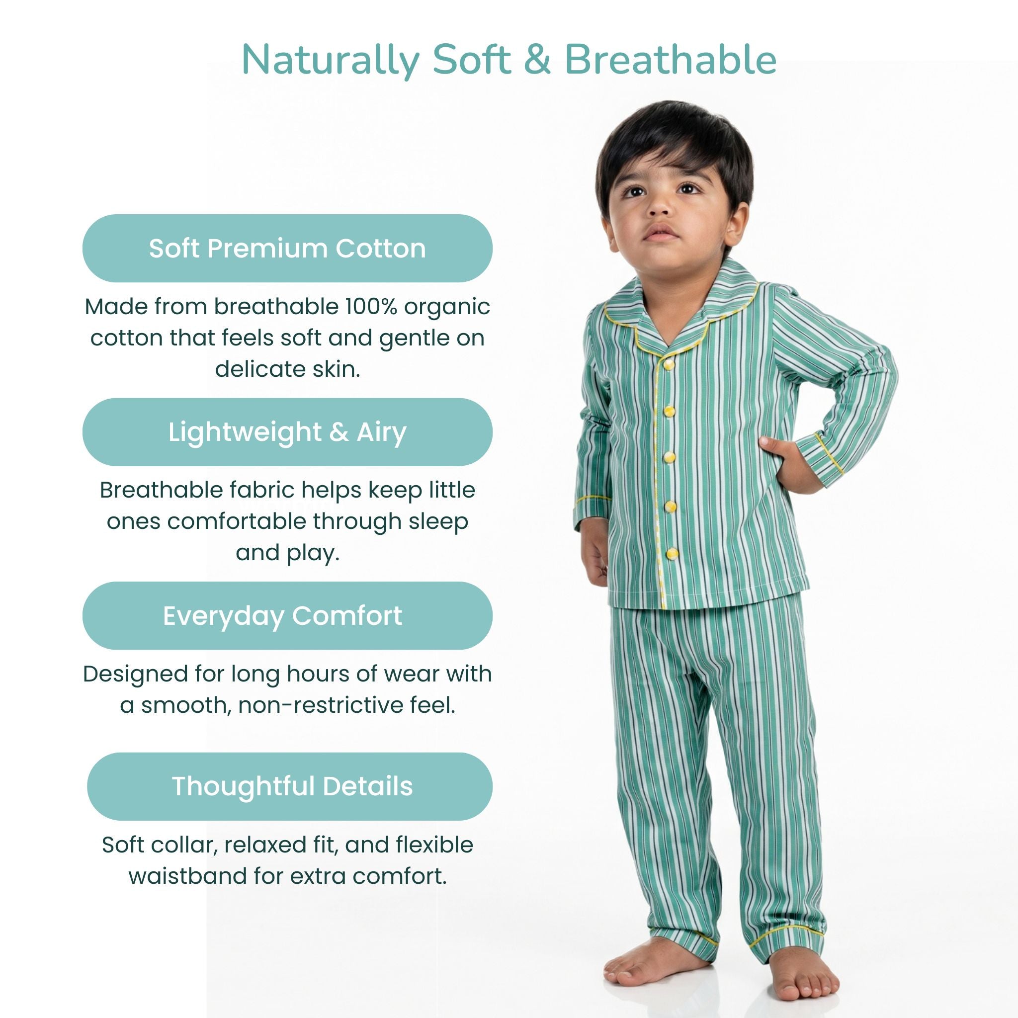 COTTON NIGHT SUIT - BOLD GREEN STRIPE | SLEEPWEAR | TULO BABY
