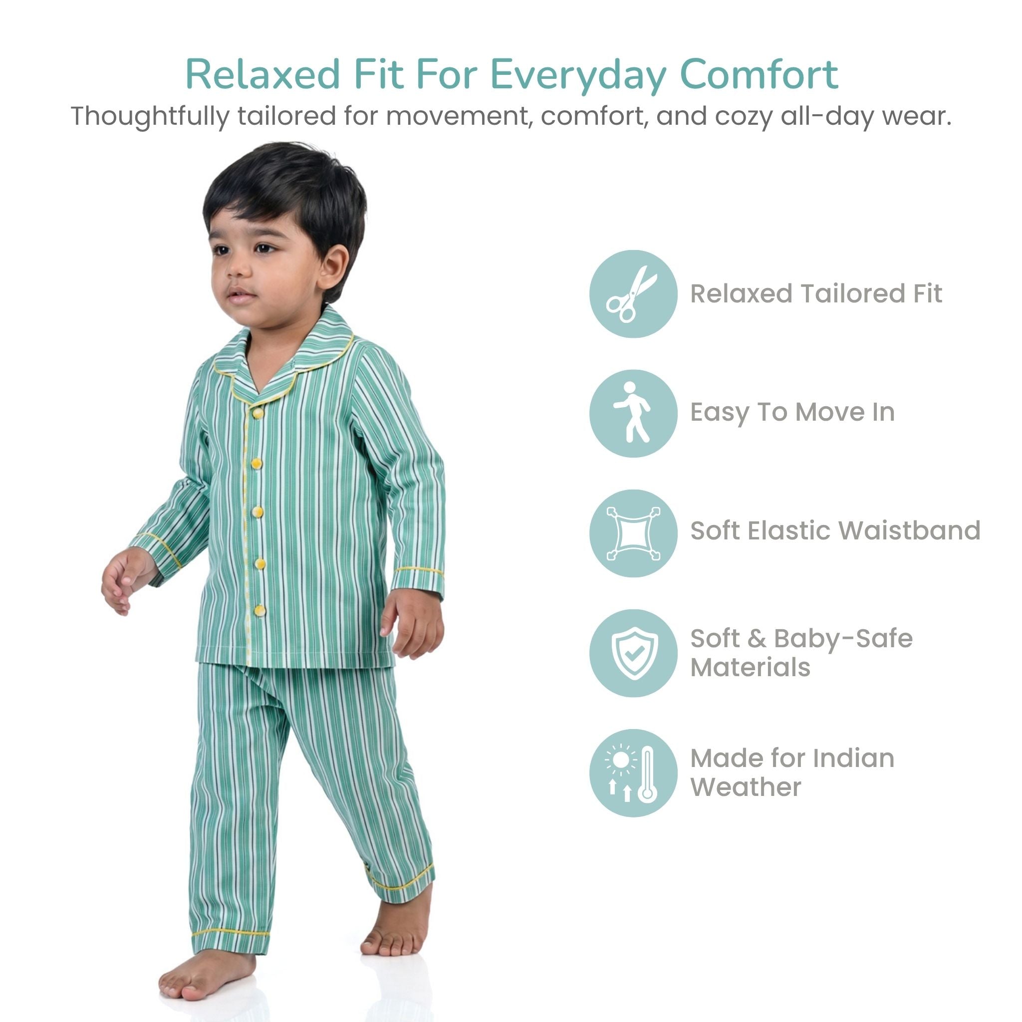 COTTON NIGHT SUIT - BOLD GREEN STRIPE | SLEEPWEAR | TULO BABY