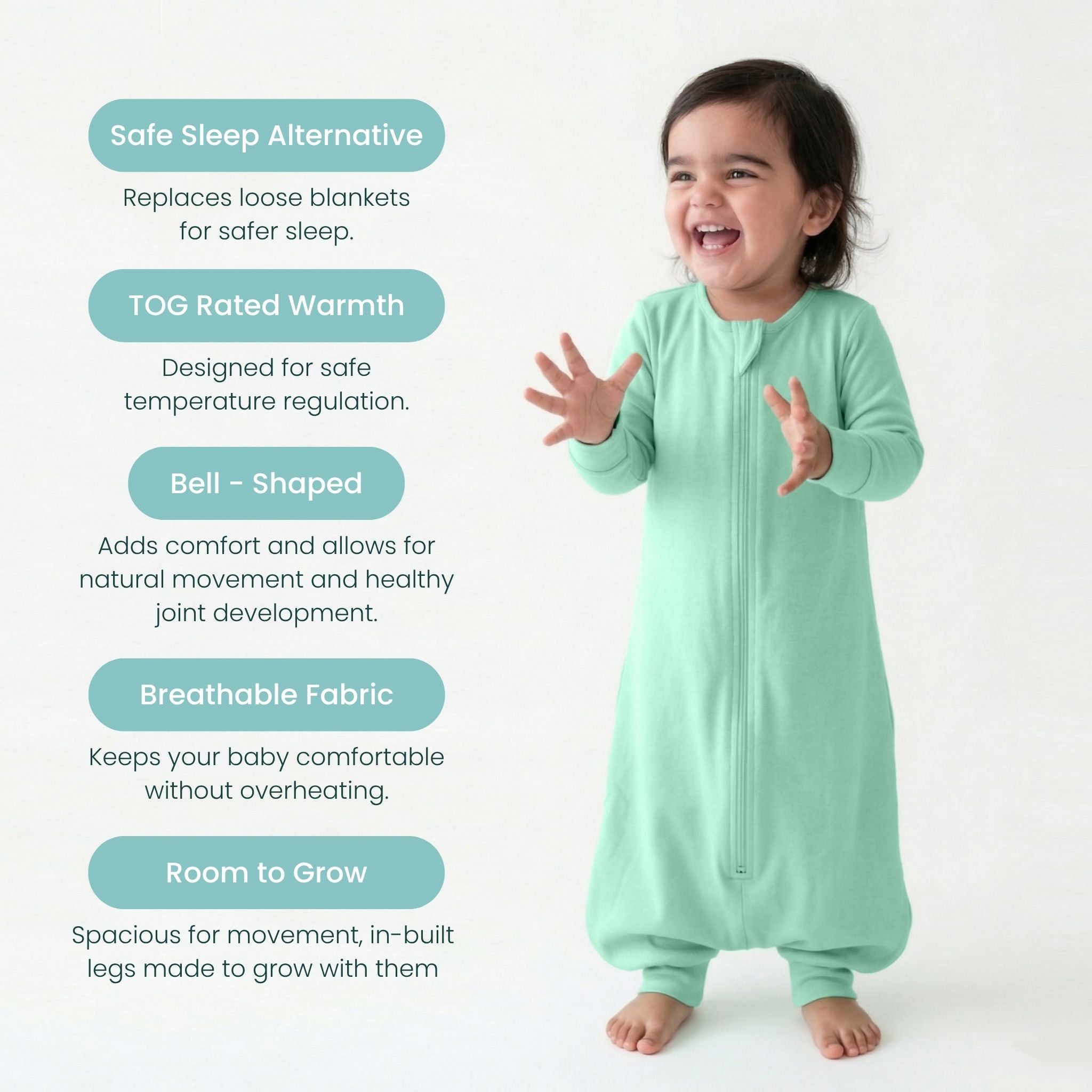 BABY SLEEPING BAG WITH FOOTIES AND SLEEVES (2.5 TOG) - SEA GREEN | TULO BABY
