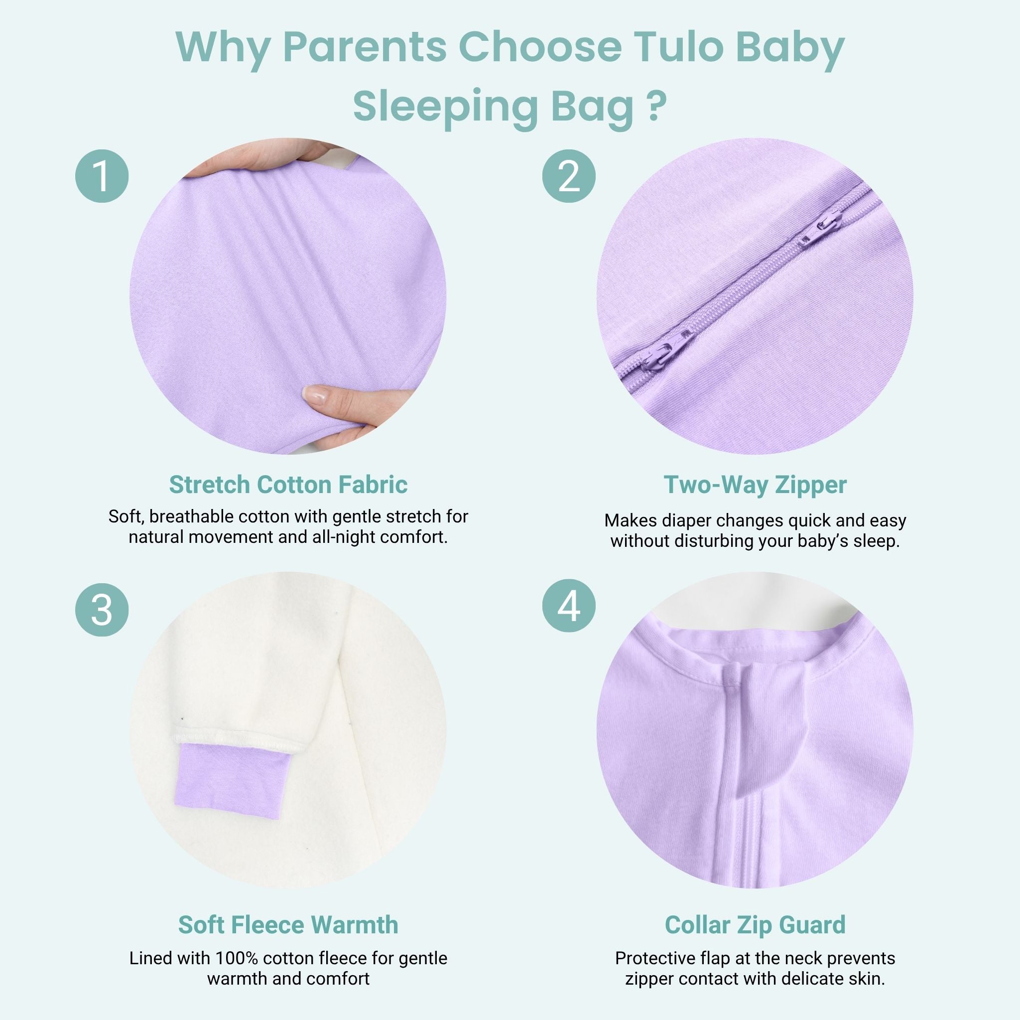 BABY SLEEPING BAG WITH FOOTIES AND SLEEVES (2.5 TOG) - LILAC | TULO BABY