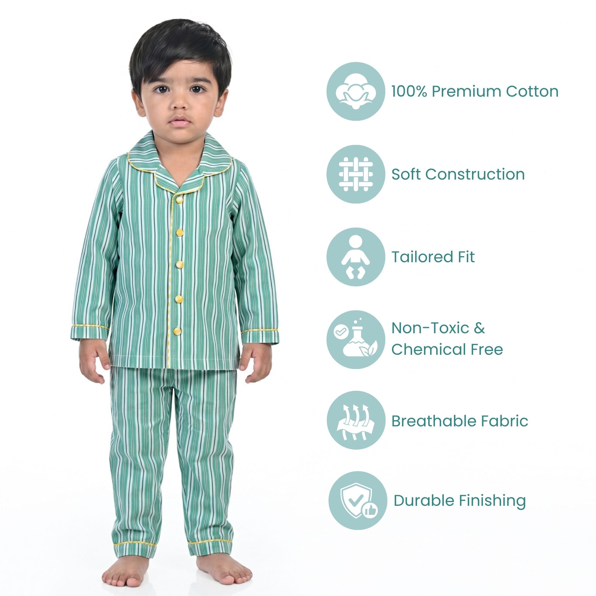 COTTON NIGHT SUIT - BOLD GREEN STRIPE | SLEEPWEAR | TULO BABY