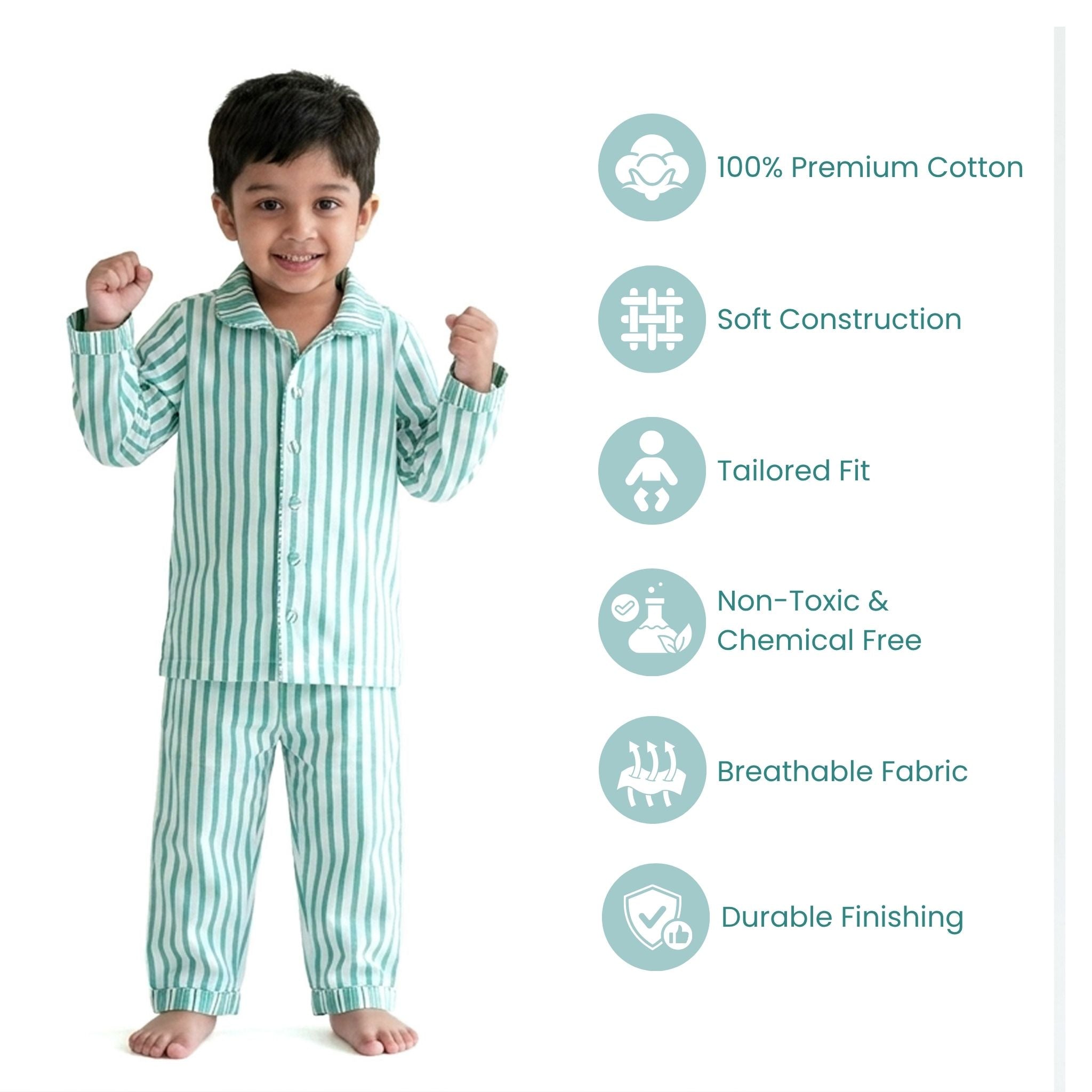 COTTON NIGHT SUIT - GREEN STRIPE | SLEEPWEAR | TULO BABY