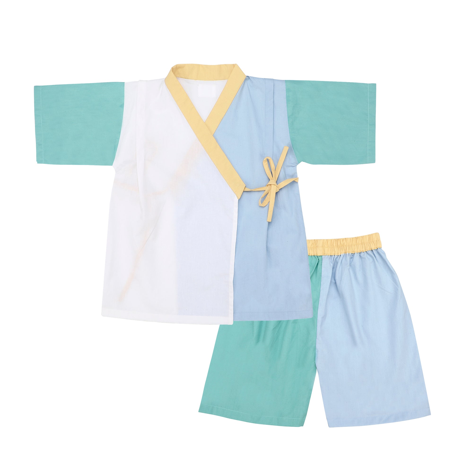 CANTON BLUE YELLOW KIMONO SHORTS SET