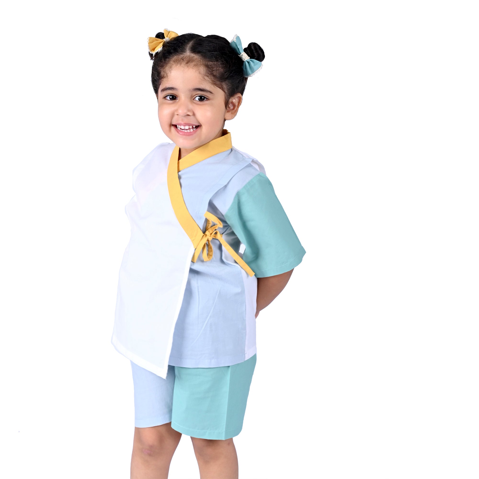 CANTON BLUE YELLOW KIMONO SHORTS SET