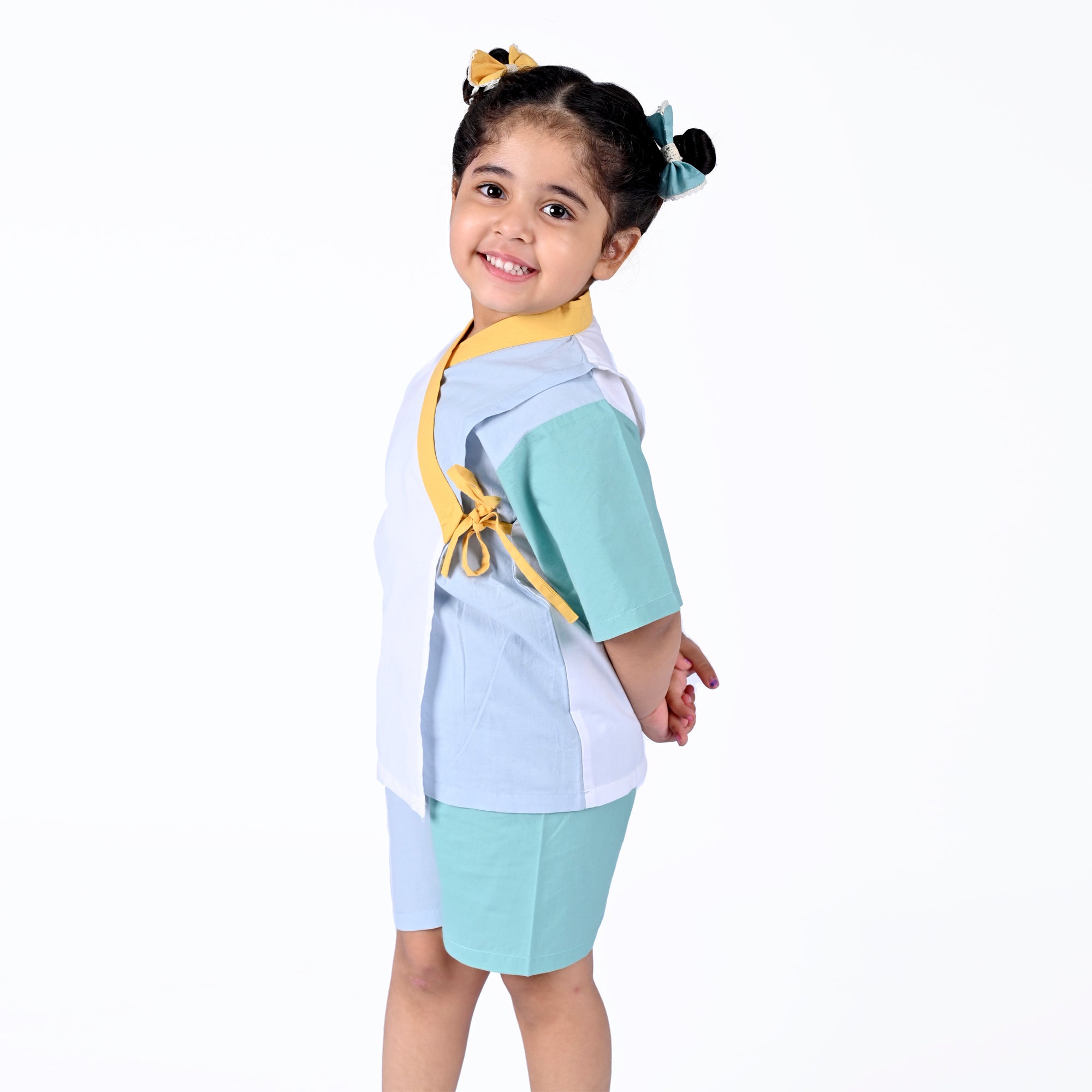 CANTON BLUE YELLOW KIMONO SHORTS SET