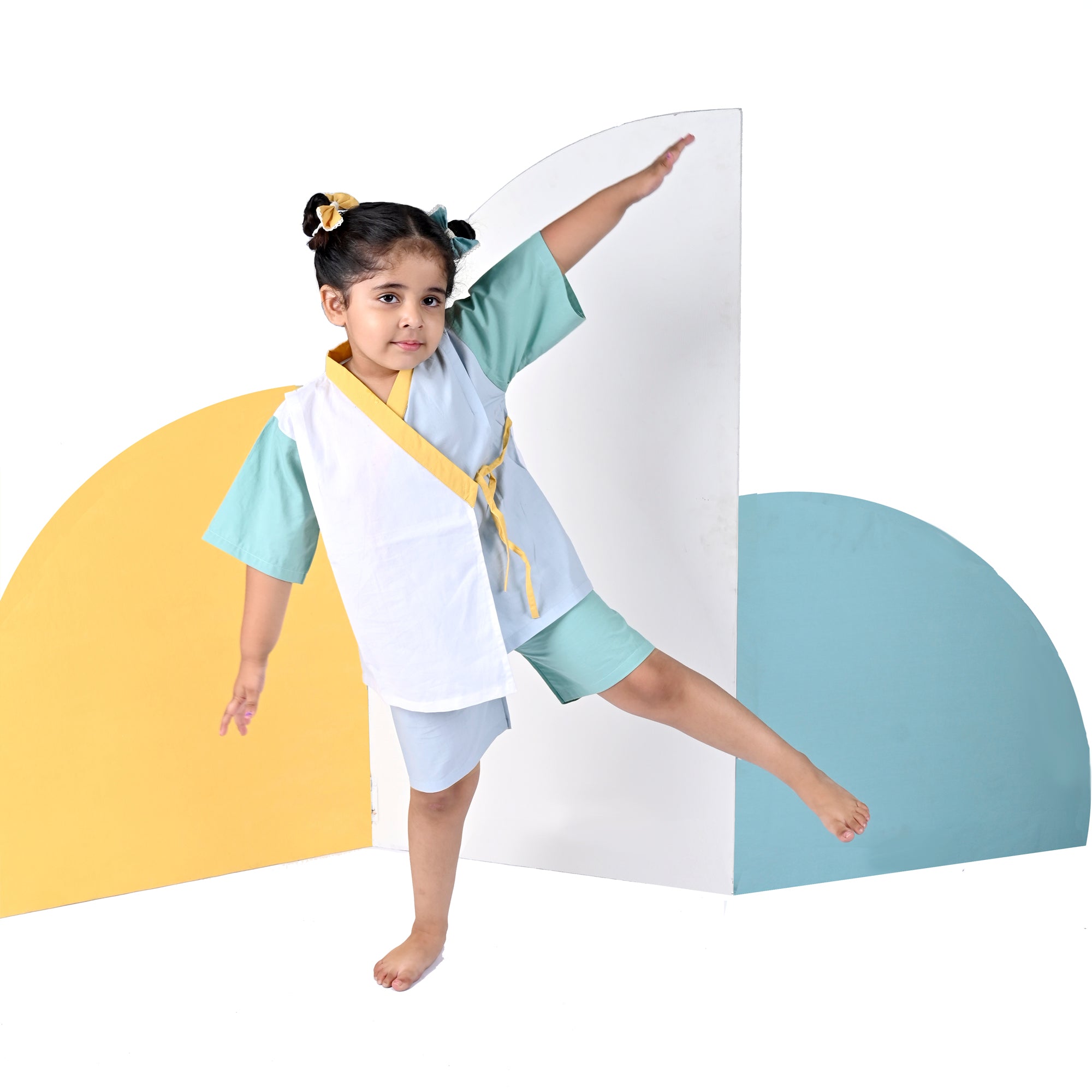 CANTON BLUE YELLOW KIMONO SHORTS SET