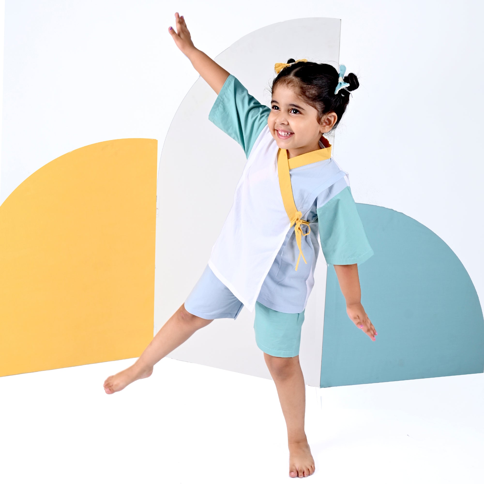 CANTON BLUE YELLOW KIMONO SHORTS SET
