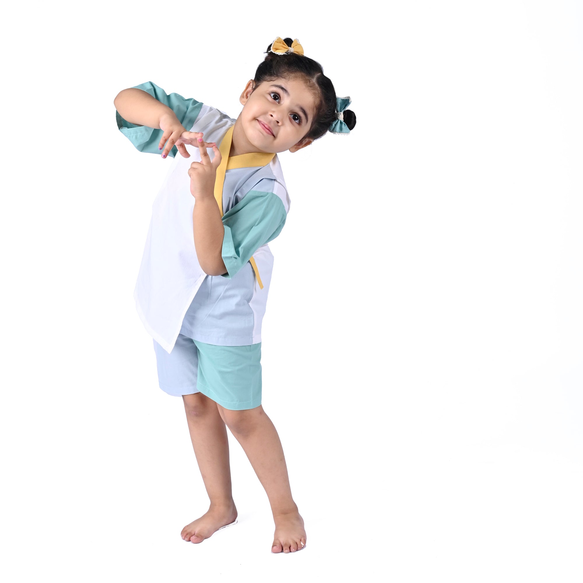 CANTON BLUE YELLOW KIMONO SHORTS SET