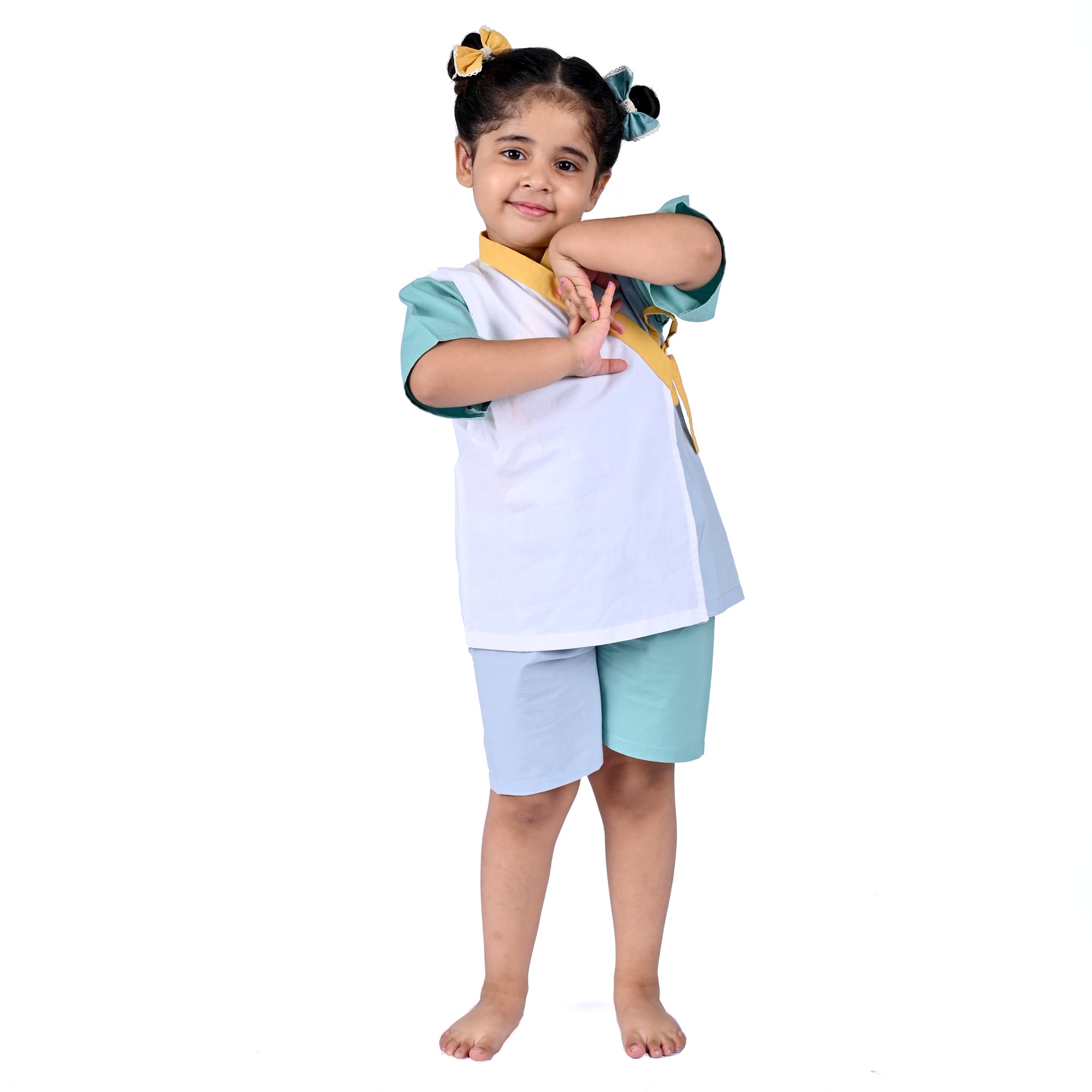 CANTON BLUE YELLOW KIMONO SHORTS SET