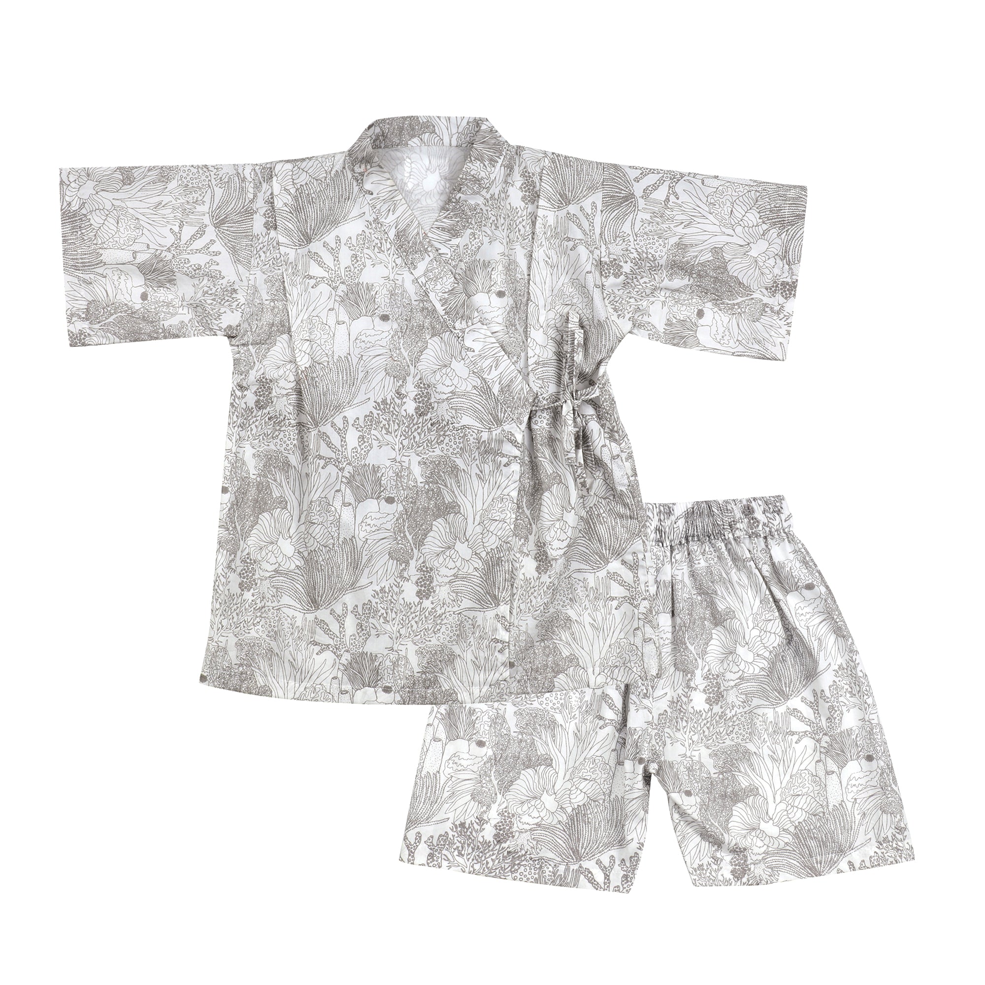 SMOKY GREY CORAL KIMONO SHORTS SET