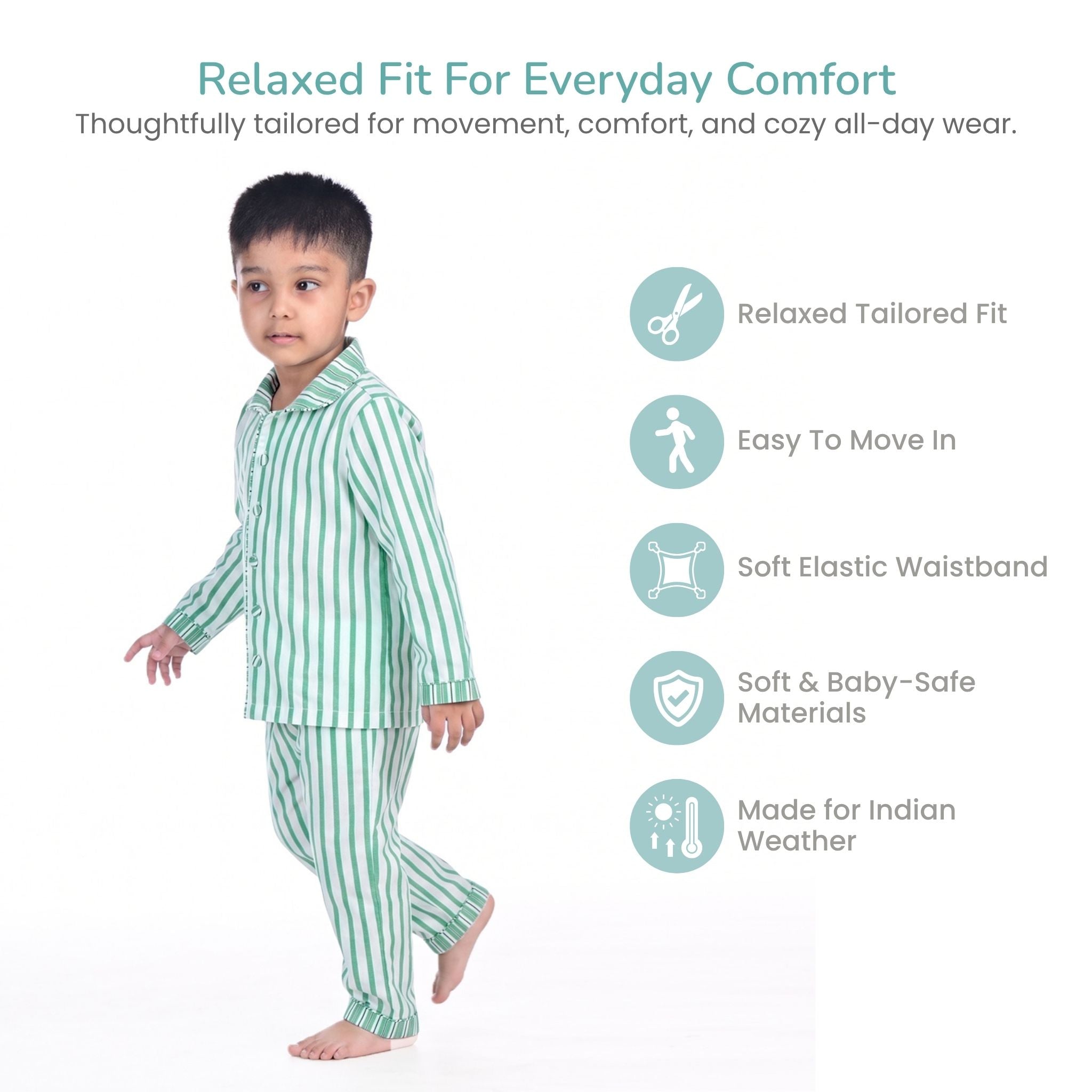 COTTON NIGHT SUIT - GREEN STRIPE | SLEEPWEAR | TULO BABY