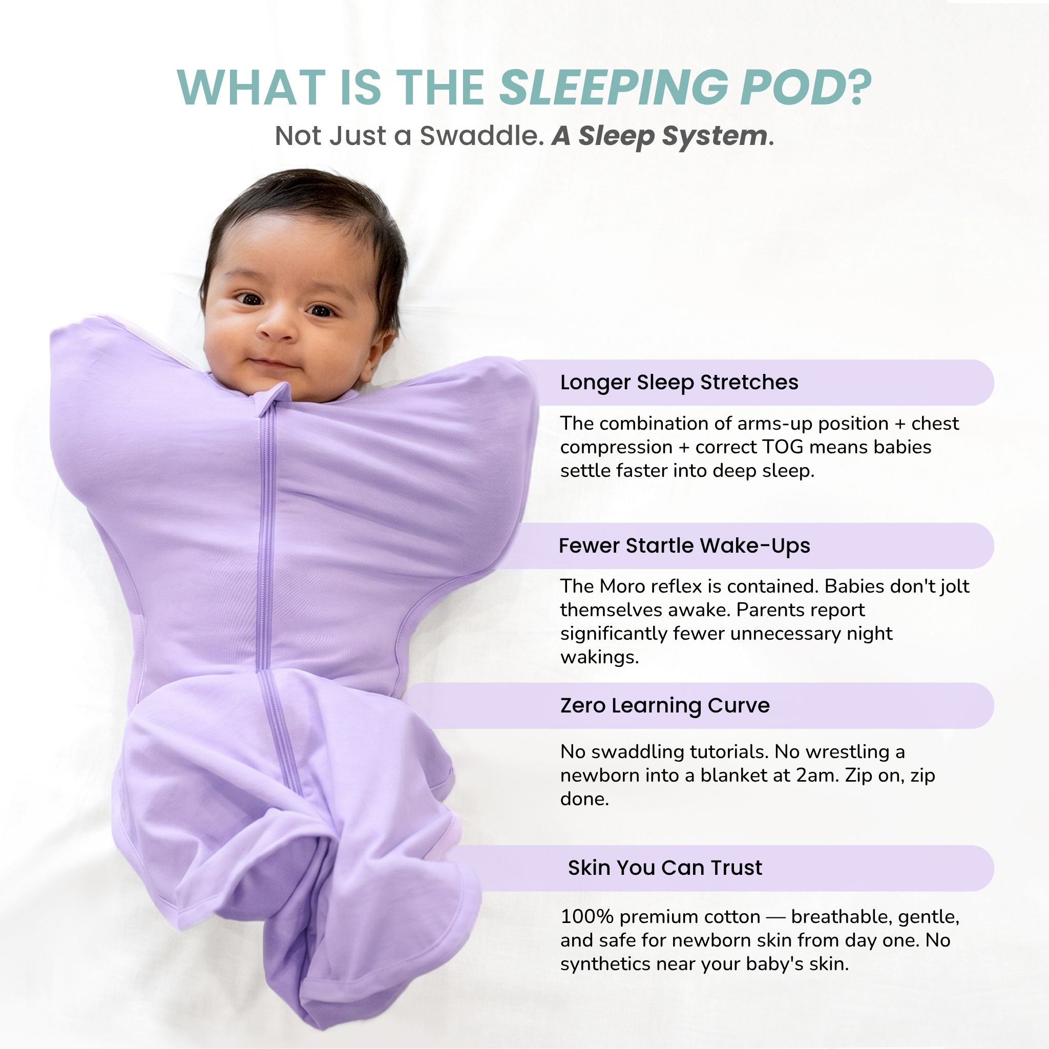 SLEEPING POD SWADDLE FOR BABIES (0.6 TOG) - LILAC  | TULO BABY