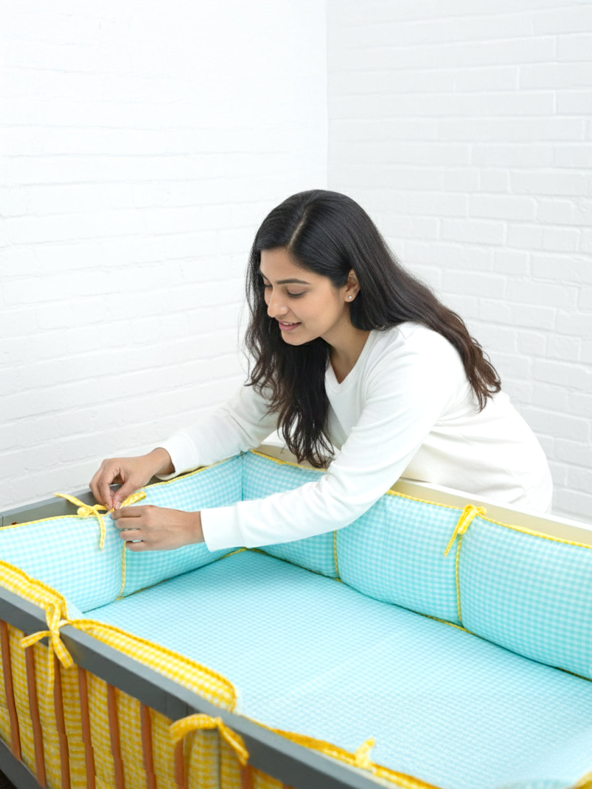 TULO BABY CRIB BUMPER – TEAL GINGHAM